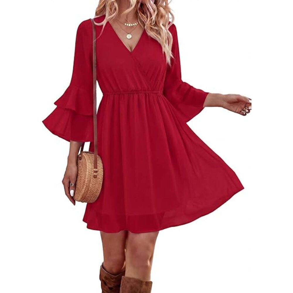 Women's Red V Neck Ruffle Sleeve A Line Casual Flowy Chiffon Layers Dress